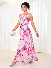 cheap Elegant Floral Dresses-Women&#039;s Maxi Dress Sleeveless Halter Neck Floral Pink White Pleated Belted Lightweight Spring Summer Wedding Party Elegant Flowy Full-Length Clothing Apparel