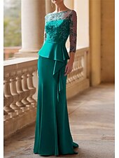 preiswerte Bodenlänge-Meerjungfrau Mutter der Braut Kleid Elegantes Vintage Party Illusionshals Schmuckhals Bodenlang Spitze Stretchstoff 3/4-Langen Ärmel Halber Ärmel mit Band  Schleife Raffung Perlen 2025