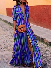billiga Skjortklänning-dam skjortklänning boho chica klänningar maxi lång klänning semester strand bohemia skjorta krage knappficka halv ärm sommar vår lös passform randig