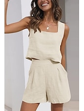 billige Loungewear for damer-Dame lounge Sett Ren farge Mote Grunnleggende Gate Daglig Bomull og lin Pustende Firkantet hals Ermeløs Stropp Topp Shorts Lomme Sommer Vår Svart Rosa