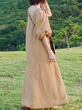 olcso design pamut és len ruhák-Női Fekete Világos bíbor khakizöld Nyár Tavasz Ősz Maxiruha Pamut vászon ruhák Fekete ruha Vintage ruha Elegáns Csehország Divat Puffos Vakáció Iroda Hétköznapi Laza öltözet Terített nyak