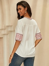 billige Kvinnenes ferietopper-Dame Bluse Blomstret Geometrisk Bohem Halvlange ermer Crew-hals Daglig Broderi Svart Hvit Sommer Vår Høst