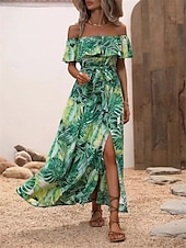 preiswerte Kleider für die Ferien-Damen Freizeitkleid Blumenblatt-Split-Print schulterfrei langes Kleid Maxikleid lässig Boho Date Urlaub 3/4 Ärmel Sommer