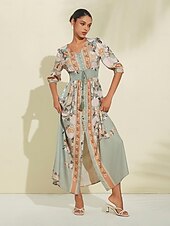 abordables Robes de fête-Robe longue en satin vert à fleurs, col en V, manches bouffantes, pour invités de fête/mariage, pour impressionner 2024