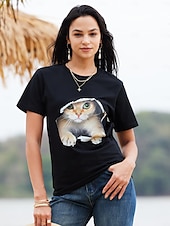 economico Maglietta Animali-Per donna maglietta Maglietta divertente Nero Bianco Pop art Gatto Stampa Manica corta Informale Giornaliero Essenziale Rotonda Standard 100% cotone Gatto 3D S