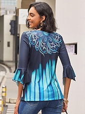 olcso Boho póló-Női Póló Plus Size Ing Póló Henley Ing Blúz Grafikai Alap 3/4 Hosszú Ujjú Kerek Nyakú Normál Felsők Köznapi Hétvégi Gombos Nyomtatás Rózsaszín Kék Zöld