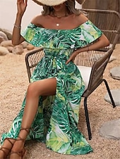 preiswerte Kleider für die Ferien-Damen Freizeitkleid Blumenblatt-Split-Print schulterfrei langes Kleid Maxikleid lässig Boho Date Urlaub 3/4 Ärmel Sommer