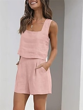 billige Loungewear for damer-Dame lounge Sett Ren farge Mote Grunnleggende Gate Daglig Bomull og lin Pustende Firkantet hals Ermeløs Stropp Topp Shorts Lomme Sommer Vår Svart Rosa