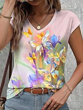 billiga Djur tee-Dams Camisole Tank Top Elegant Blommig Tryck Kort Ärmar Regelbundna Topp V-Hals Daglig Lila Sommar