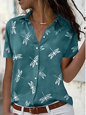 voordelige Dames grafische tops-dames casual overhemd korte mouw libellenprint reverskraag knoopsluiting stoffig roze relaxte pasvorm lente zomer mode top dagelijks gebruik maten s-xl