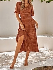 halpa Mekot-Naisten Rento mekko Midimekko Ruffle Trim Deitti Loma Katutyyli Vapaa-aika V kaula-aukko Puolihiha Ruskea Apila Aprikoosi Väri