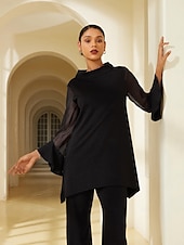 preiswerte Blusen-Damenbluse für Hochzeitsgäste, Partys, schwarz, hoher Halsausschnitt, Chiffon, Modal, Patchwork, ausgestellte Manschetten, schmale Passform, elastisch, elegant, lässig, Bürokleidung