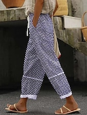 economico Pantaloni in cotone e lino con grafica-Per donna Pantaloni in cotone e lino Pantaloni Casual Quotidiano Lunghezza alla caviglia Grafico A righe Coulisse Tasche Laterali Traspirabilità Confortevole Micro-elastico Weekend Blu reale Blu