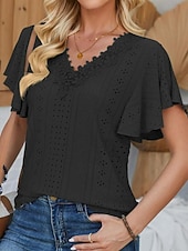 cheap Lace Tops-Women's Pointelle Shirt Eyelet Top Lace Shirt Lace Short Sleeve Flutter Sleeve Crew Neck Casual Daily Beach Blue Black White Pink Summer