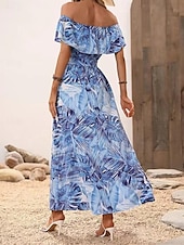 preiswerte Kleider für die Ferien-Damen Freizeitkleid Blumenblatt-Split-Print schulterfrei langes Kleid Maxikleid lässig Boho Date Urlaub 3/4 Ärmel Sommer
