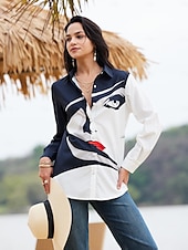 voordelige Vrouwen&#039;s Kunst &amp; Design Tops-Dames Shirt Basis Abstract Knopen Print Lange Mouw Regular Tops Shirt Kraag Casual Zwart Lente Herfst