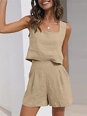 billige Loungewear for damer-Dame lounge Sett Ren farge Mote Grunnleggende Gate Daglig Bomull og lin Pustende Firkantet hals Ermeløs Stropp Topp Shorts Lomme Sommer Vår Svart Rosa