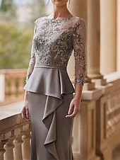 preiswerte Bodenlänge-Meerjungfrau Mutter der Braut Kleid Elegantes Vintage Party Illusionshals Schmuckhals Bodenlang Spitze Stretchstoff 3/4-Langen Ärmel Halber Ärmel mit Band  Schleife Raffung Perlen 2025