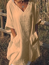 abordables Robes-Femmes Noir Blanche Rouge Été Printemps Robe Midi Robes inspirées du lin Robe Blanche Robe Chemise Basique Moderne Quotidien Week-end Coupe Ample Uni Col en V