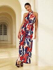 cheap Jumpsuits-Satin Loose Floral Wide-leg Belted Jumpsuit