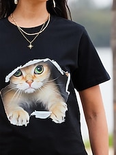 economico Maglietta Animali-Per donna maglietta Maglietta divertente Nero Bianco Pop art Gatto Stampa Manica corta Informale Giornaliero Essenziale Rotonda Standard 100% cotone Gatto 3D S