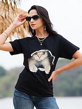 economico Maglietta Animali-Per donna maglietta Maglietta divertente Nero Bianco Pop art Gatto Stampa Manica corta Informale Giornaliero Essenziale Rotonda Standard 100% cotone Gatto 3D S