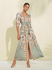 abordables Robes de fête-Robe longue en satin vert à fleurs, col en V, manches bouffantes, pour invités de fête/mariage, pour impressionner 2024