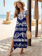 billiga Boho klänningar-Kvinnors Maxiklänning T-shirt Klänning Tee Klänning Sundress Shift Klänning Bohemisk Etnisk Drop Shoulder Semester Fest Helg Lätt Passform Etnisk Kort Ärmar V-ringad Blå Sommar Vår