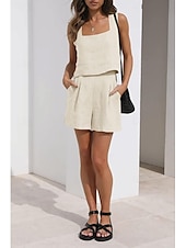 billige Loungewear for damer-Dame lounge Sett Ren farge Mote Grunnleggende Gate Daglig Bomull og lin Pustende Firkantet hals Ermeløs Stropp Topp Shorts Lomme Sommer Vår Svart Rosa