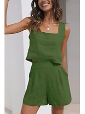 billige Loungewear for damer-Dame lounge Sett Ren farge Mote Grunnleggende Gate Daglig Bomull og lin Pustende Firkantet hals Ermeløs Stropp Topp Shorts Lomme Sommer Vår Svart Rosa
