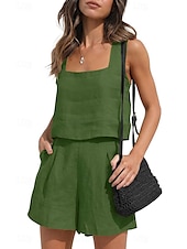billige Loungewear for damer-Dame lounge Sett Ren farge Mote Grunnleggende Gate Daglig Bomull og lin Pustende Firkantet hals Ermeløs Stropp Topp Shorts Lomme Sommer Vår Svart Rosa