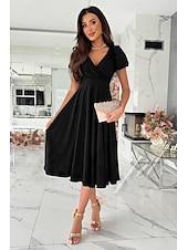 abordables Robe noire-robe noire Robe Évasée Femme Robe mi-longue Ourlet à volants Formel Soirée Elégant Col V Manche Courte Standard Noir Rose Claire Rouge S M L XL XXL