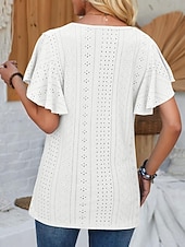 cheap Lace Tops-Women's Pointelle Shirt Eyelet Top Lace Shirt Lace Short Sleeve Flutter Sleeve Crew Neck Casual Daily Beach Blue Black White Pink Summer