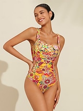 billige designer badetøy-Dame Badetøy Ett stykke Badedrakt Avtagbar pad Rynket utringing Boho Paisley Damask Gul Torget Badedrakter Trykt mønster ny Ferie Strand Klær Strandstil