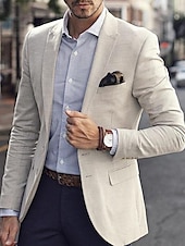 billige Lin blazer-Herre Lin Blazer Sportjakke Motebasert Uformell Sommer Enfarget Beige Skreddersydd Passform Enkelt-knapp