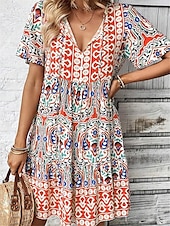 billige Boho-kjoler-Dame Mini kjole Uformell kjole Boho elegante kjoler Sommerkjole Boho-kjole Fritid Bohem Feriereise Daglig Strand Løstsittende Blomstret Kortermet V-hals Rød Blå Fuksia Sommer
