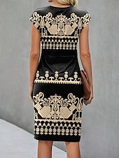 preiswerte Boho Kleid-Damen Mini Kleid Geometrisches Muster V-Ausschnitt Kurzarm Sommer