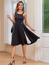 preiswerte Frauen schwarzes Kleid-Cocktailkleid für Damen, einschultrig, asymmetrischer Ausschnitt, Knopfdetail, ärmellos, A-Linie, Midi, schwarz, weiß, Party, elegant, stilvoll, Frühling, Sommer, Kleidung