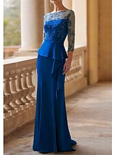 preiswerte Bodenlänge-Meerjungfrau Mutter der Braut Kleid Elegantes Vintage Party Illusionshals Schmuckhals Bodenlang Spitze Stretchstoff 3/4-Langen Ärmel Halber Ärmel mit Band  Schleife Raffung Perlen 2025