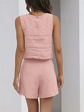 billige Loungewear for damer-Dame lounge Sett Ren farge Mote Grunnleggende Gate Daglig Bomull og lin Pustende Firkantet hals Ermeløs Stropp Topp Shorts Lomme Sommer Vår Svart Rosa