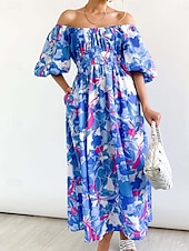 ieftine Rochii de Vacanță-Pentru femei Rochie Lunga Rochie Maxi Rochie casual Rochie leagăn Rochie A line Rochie de vară Stilat Vacanță Zilnic Dată Fit regulat Floral Manșon Jumate De Pe Umăr Roșu-aprins Albastru piscin