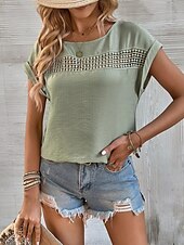preiswerte Hemden-Damen Leinen-inspirierte Hemden Spitzen-T-Shirt Einfach Mode Kurzarm Rundhalsausschnitt Normale Oberteile Urlaub Täglich Spitze Schwarz Blau Braun Grün Khaki Sommer