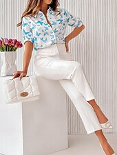 voordelige Dames grafische tops-Dames Overhemd Blouse Bloemig Stip Casual Lange mouw Overhemdkraag Normale tops Vakantie Dagelijks Knop Afdrukken Wit Blozend Roze Rood blauw Khaki Lente zomer