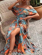 preiswerte Kleider für die Ferien-Damen Freizeitkleid Blumenblatt-Split-Print schulterfrei langes Kleid Maxikleid lässig Boho Date Urlaub 3/4 Ärmel Sommer