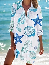 voordelige Blousejurken-dames strand cover-up lange mouw v-hals marine print knoopsluiting roltab mouw wit blauw one size resortkleding zomer zeeleven patroon kleding kleding