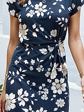 abordables Robe Fleurie-Robe midi femme Robe fourreau Fleurie Col ras du cou Manche courte Été