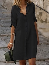 cheap Design Cotton &amp; Linen Dresses-Women&#039;s Black White Blue Summer Spring Mini Dress Cotton Linen Dresses Shirt Dress White Cotton Dress Vacation Basic Modern Daily Weekend Loose Fit Plain Shirt Collar