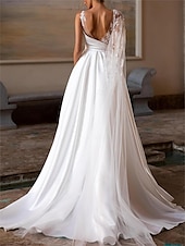 baratos Vestidos de Casamento-Vestidos de Noiva Vintage com Costas Abertas Estilo Real Gown de Baile Off Shoulder Decote em V Alças Regulares Cauda de Capela Vestidos de Noiva de Cetim com Pregas franzidas