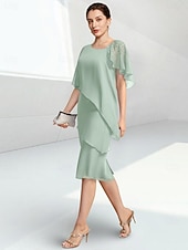 economico Lunghezza del tè-Tubino Colonna Lunghezza al ginocchio Vestito da Festa Abito da Cocktail Abito da invitata a nozze Abito da cerimonia per signora Mezza Manica Collo gioiello Elegante Ospite di nozze Chiffon con