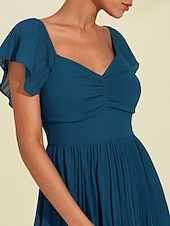 abordables Robes décontractées-Robe longue d&#039;invité de mariage en mousseline de soie pour femmes, élégante, bleue, plissée, col en v, manches courtes, ligne a, robe de soirée formelle